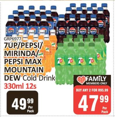 7UP/Pepsi/Mirinda/Pepsi Max/Mountain Dew Cold Drink 330ml 12s