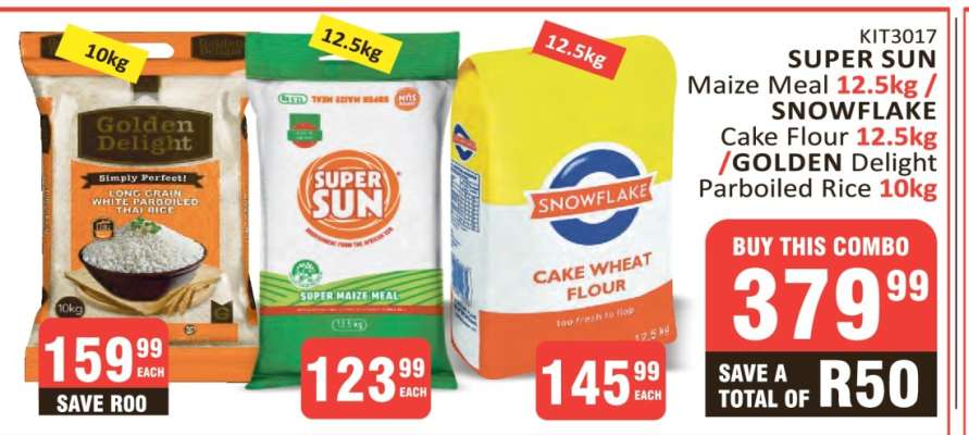 SUPER SUN Maize Meal 12.5kg / SNOWFLAKE Cake Flour 12.5kg / GOLDEN Delight Parboiled Rice 10kg