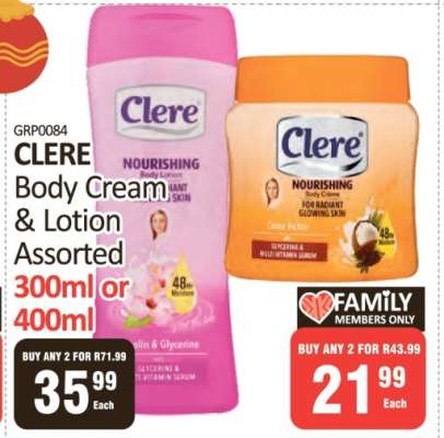 Clere Body Cream & Lotion Assorted