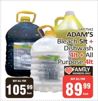 ADAM's Bleach 5lt + Dishwash 4lt + All Purpose 4lt
