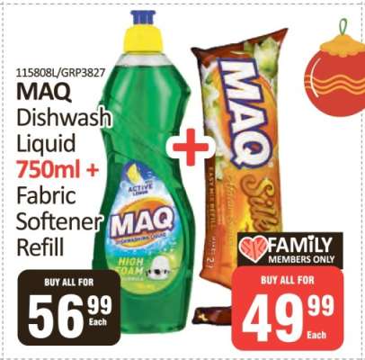 MAQ Dishwash Liquid 750ml + Fabric Softener Refill