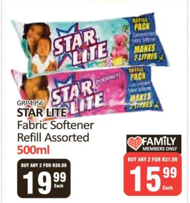 STAR LITE Fabric Softener Refill Assorted 500ml
