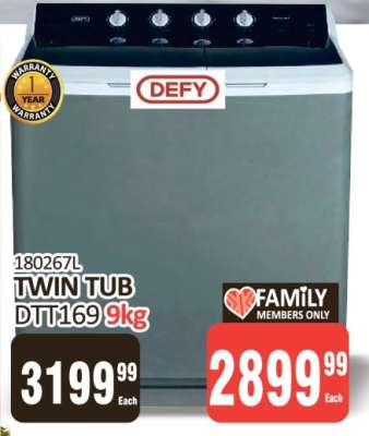 DEFY TWIN TUB DTT169 9kg