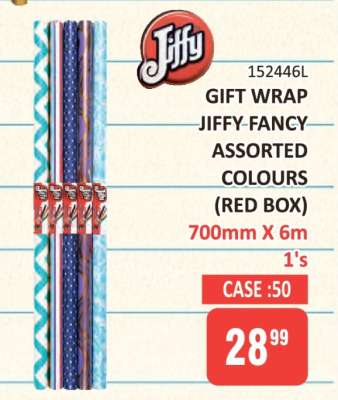 GIFT WRAP JIFFY-FANCY ASSORTED COLOURS (RED BOX)
