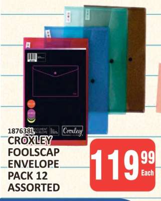 Croxley Foolscap Envelope Pack 12 Assorted