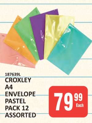 Croxley A4 Envelope Pastel Pack 12 Assorted