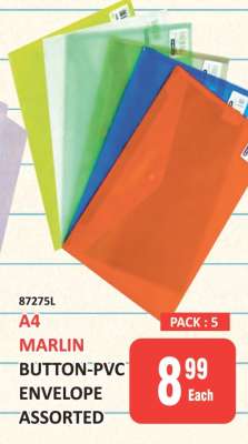 A4 MARLIN BUTTON-PVC ENVELOPE ASSORTED