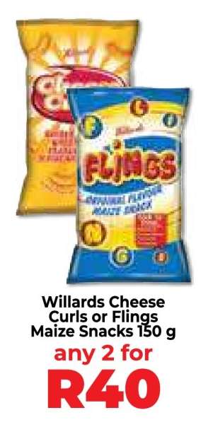 Willards Cheese Curls or Flings Maize Snacks 150 g