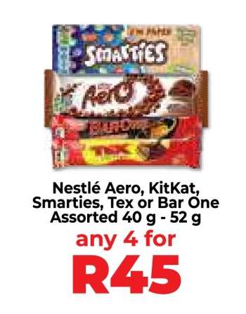Nestlé Aero, KitKat, Smarties, Tex or Bar One