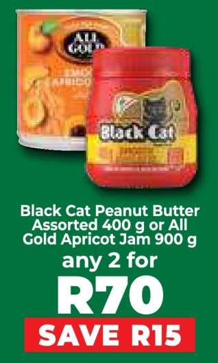 Black Cat Peanut Butter Assorted 400 g or All Gold Apricot Jam 900 g