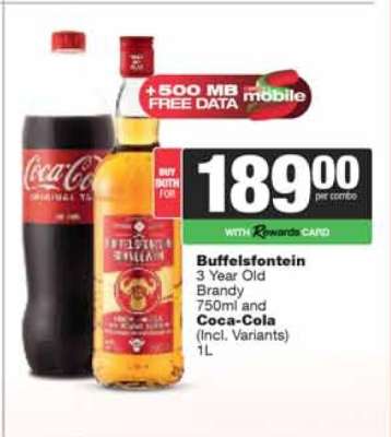 Buffelsfontein 3 Year Old Brandy 750ml and Coca-Cola 1L