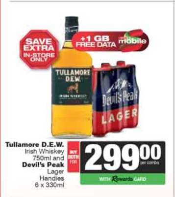Tullamore D.E.W. Irish Whiskey 750ml and Devil's Peak Lager Handies 6 x 330ml