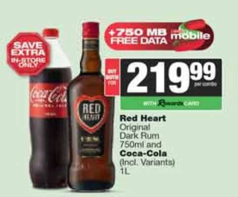 Red Heart Original Dark Rum 750ml and Coca-Cola 1L
