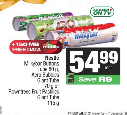 Nestlé Milkybar Buttons Tube 80 g, Aero Bubbles Giant Tube 70 g or Rowntrees Fruit Pastilles Giant Tube 115 g