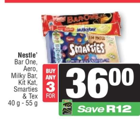 Nestle' Bar One, Aero, Milky Bar, Kit Kat, Smarties & Tex