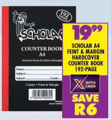 SCHOLAR A4 FEINT & MARGIN HARDCOVER COUNTER BOOK 192-PAGE