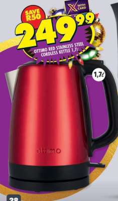 OTTIMO RED STAINLESS STEEL CORDLESS KETTLE 1.7L