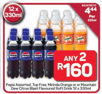 Pepsi Assorted, 7up Free, Mirinda Orange, Mountain Dew Citrus Blast