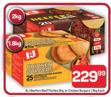 I&J Beefers Beef Patties 2kg or Chicken Burgers 1.8kg