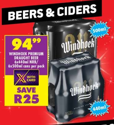 WINDHOEK PREMIUM DRAUGHT BEER 6x440ml NRB / 6x500ml cans per pack