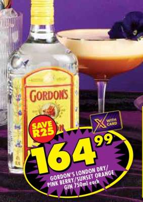 GORDON'S LONDON DRY / PINK BERRY / SUNSET ORANGE GIN 750ml each