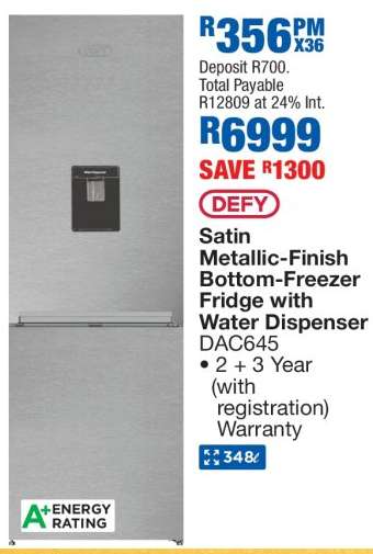 DEFY Satin Metallic-Finish Bottom-Freezer Fridge with Water Dispenser DAC645