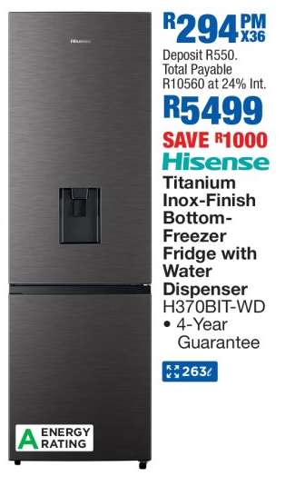 Hisense Titanium Inox-Finish Bottom-Freezer Fridge with Water Dispenser H370BIT-WD
