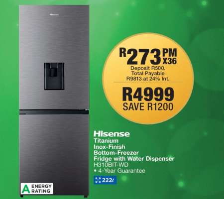 Hisense Titanium Inox-Finish Bottom-Freezer Fridge with Water Dispenser H310BIT-WD