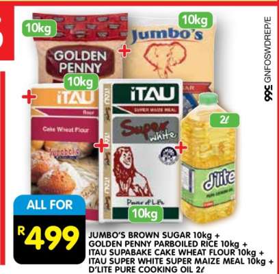 JUMBO'S BROWN SUGAR 10kg + GOLDEN PENNY PARBOILED RICE 10kg + ITAU SUPABAKE CAKE WHEAT FLOUR 10kg + ITAU SUPER WHITE SUPER MAIZE MEAL 10kg + D'LITE PURE COOKING OIL 2ℓ