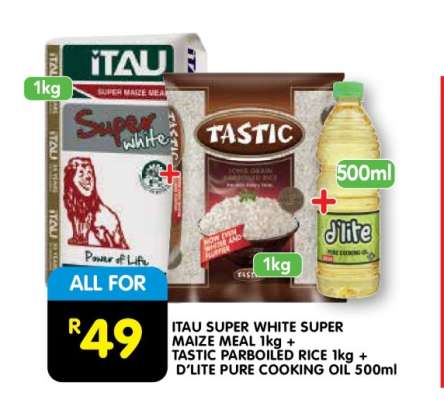 ITAU SUPER WHITE SUPER MAIZE MEAL 1kg + TASTIC PARBOILED RICE 1kg + D'LITE PURE COOKING OIL 500ml