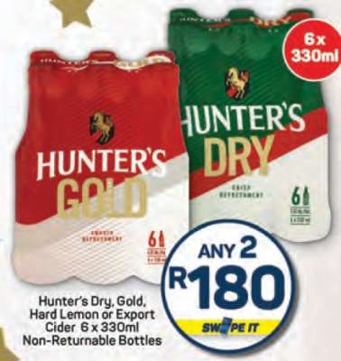 Hunter's Dry, Gold, Hard Lemon or Export Cider 6 x 330ml Non-Returnable Bottles
