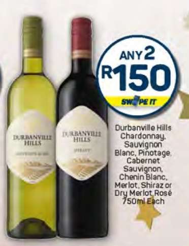 Durbanville Hills Chardonnay, Sauvignon Blanc, Pinotage, Cabernet Sauvignon, Chenin Blanc, Merlot, Shiraz or Dry Merlot Rosé