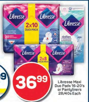 Libresse Maxi Duo Pads 16-20's or Pantyliners 28/40s Each