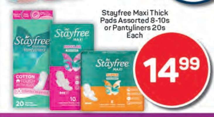 Stayfree Maxi Thick Pads Assorted 8-10s or Pantyliners 20s
