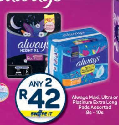 Always Maxi, Ultra or Platinum Extra Long Pads Assorted 8s - 10s