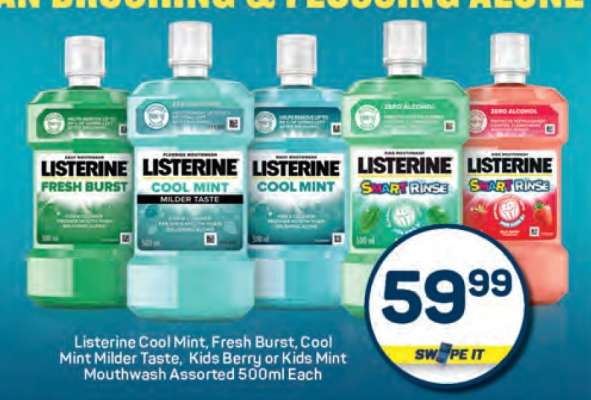 Listerine Cool Mint, Fresh Burst, Cool Mint Milder Taste, Kids Berry or Kids Mint Mouthwash Assorted 500ml Each