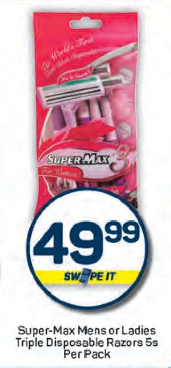 Super-Max Mens or Ladies Triple Disposable Razors 5s Per Pack