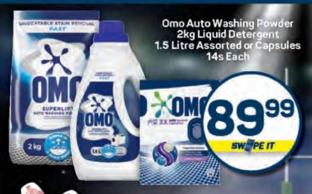 Omo Auto Washing Powder 2kg Liquid Detergent 1.5 Litre Assorted or Capsules 14s Each