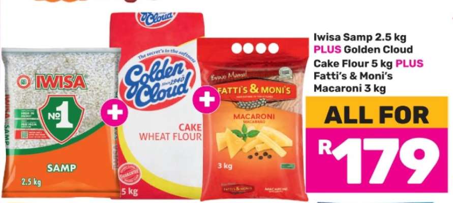 Iwisa Samp 2.5 kg PLUS Golden Cloud Cake Flour 5 kg PLUS Fatti's & Moni's Macaroni 3 kg