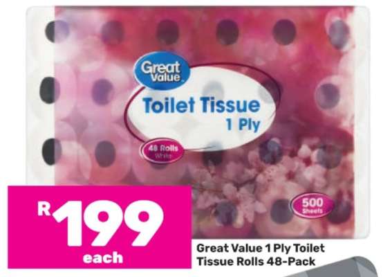 Great Value 1 Ply Toilet Tissue Rolls 48-Pack
