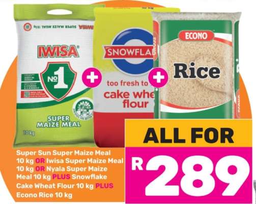 Super Sun Super Maize Meal, Snowflake Cake Wheat Flour, Econo Rice