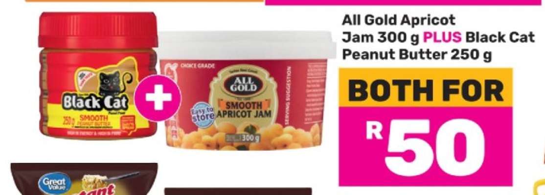 All Gold Apricot Jam 300 g PLUS Black Cat Peanut Butter 250 g