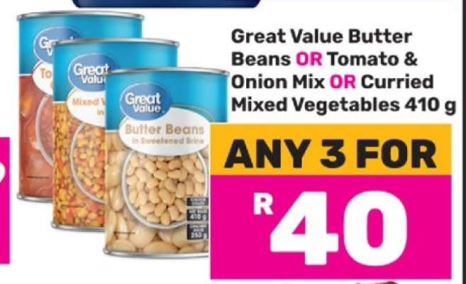 Great Value Butter Beans OR Tomato & Onion Mix OR Curried Mixed Vegetables 410 g