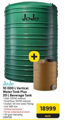 JoJo 10 000 L Vertical Water Tank Plus 20 L Beverage Tank