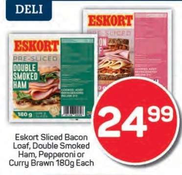 Eskort Sliced Bacon Loaf, Double Smoked Ham, Pepperoni or Curry Brawn 180g Each