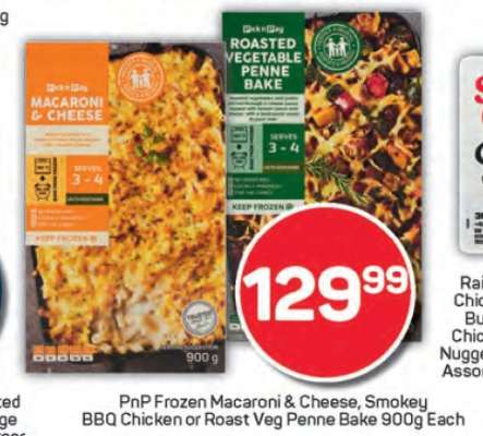 PnP Frozen Macaroni & Cheese, Smokey BBQ Chicken or Roast Veg Penne Bake