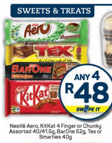 Nestlé Aero, KitKat 4 Finger or Chunky Assorted 40/41.5g, BarOne 52g, Tex or Smarties 40g