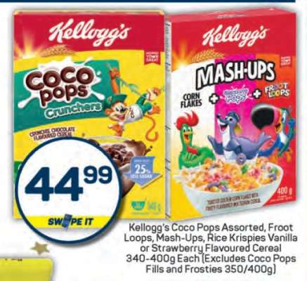 Kellogg's Coco Pops Assorted, Froot Loops, Mash-Ups, Rice Krispies Vanilla or Strawberry Flavoured Cereal