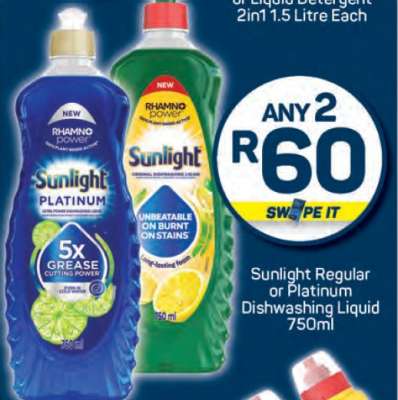 Sunlight Regular or Platinum Dishwashing Liquid