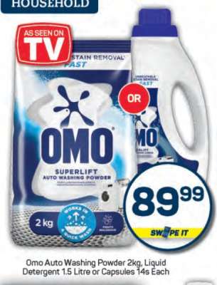 Omo Auto Washing Powder 2kg, Liquid Detergent 1.5 Litre or Capsules 14s Each